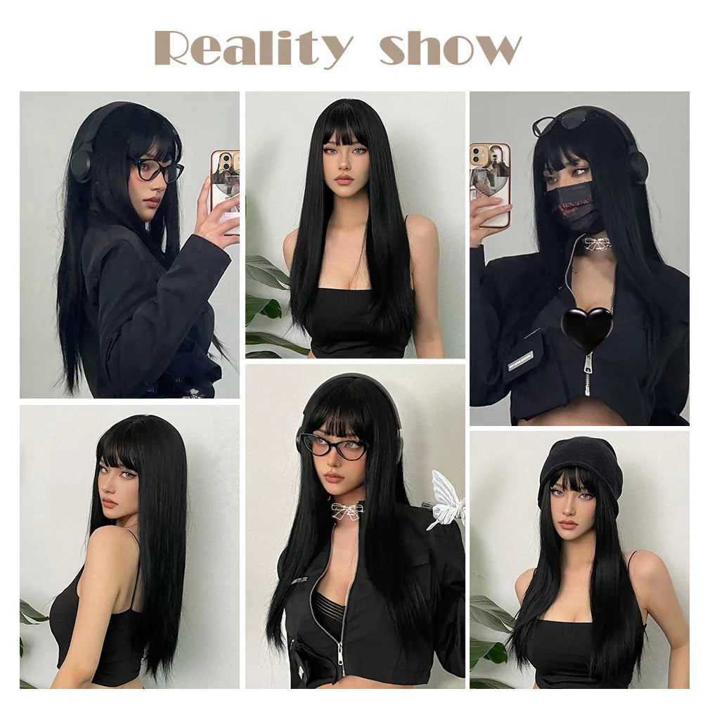 Long Silky Straight Black Synthetic Wig with Bangs for Cosplay & Party