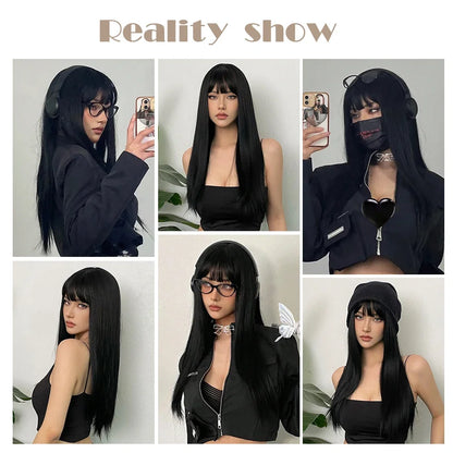 Long Silky Straight Black Synthetic Wig with Bangs for Cosplay & Party