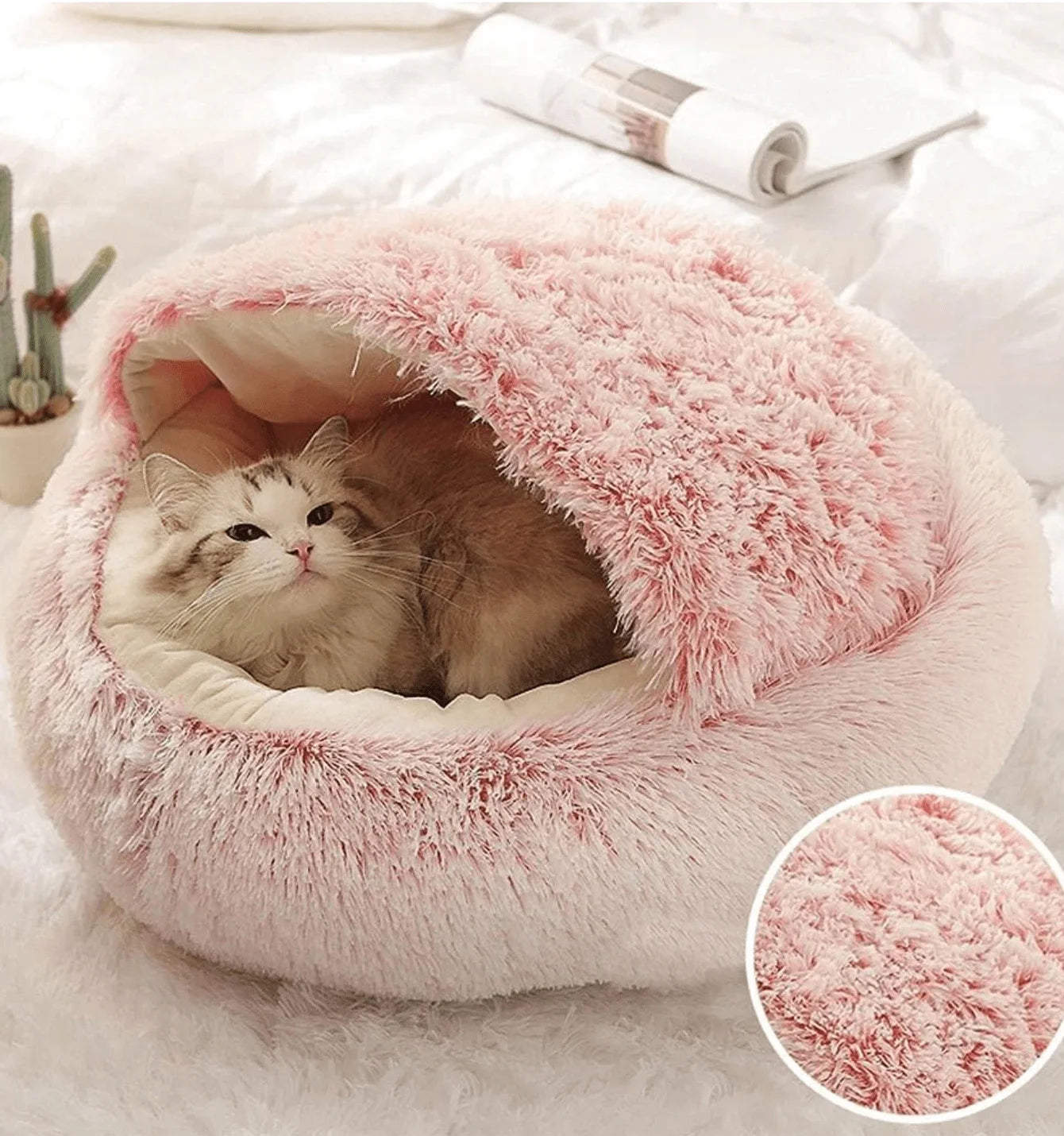 Plush Hooded Pet Bed – 2-in-1 Fluffy Sleeping Nest for Cats & Small Dogs