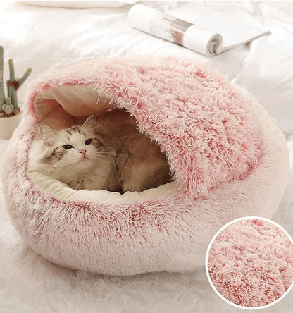 Plush Hooded Pet Bed – 2-in-1 Fluffy Sleeping Nest for Cats & Small Dogs