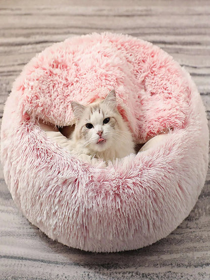 Plush Hooded Pet Bed – 2-in-1 Fluffy Sleeping Nest for Cats & Small Dogs