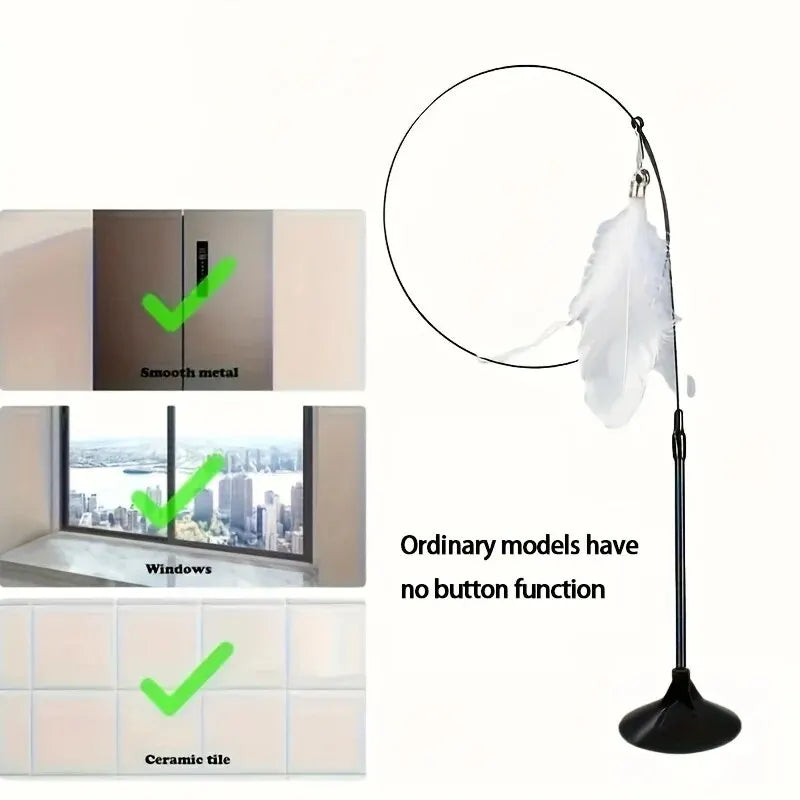 Cat Teaser Toy Interactive Bell & Feather Wand with Long Suction Cup Pole for Playtime Adventures
