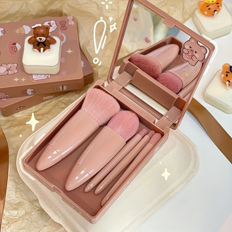 5Pcs Portable Foldable Makeup Brush Set with Mirror - Travel Kit