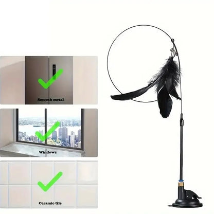 Cat Teaser Toy Interactive Bell & Feather Wand with Long Suction Cup Pole for Playtime Adventures