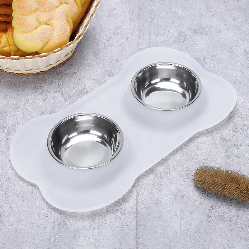 Antislip Double Dog Bowl with Silicone Mat – Durable Stainless Steel Water & Food Feeder for Pets
