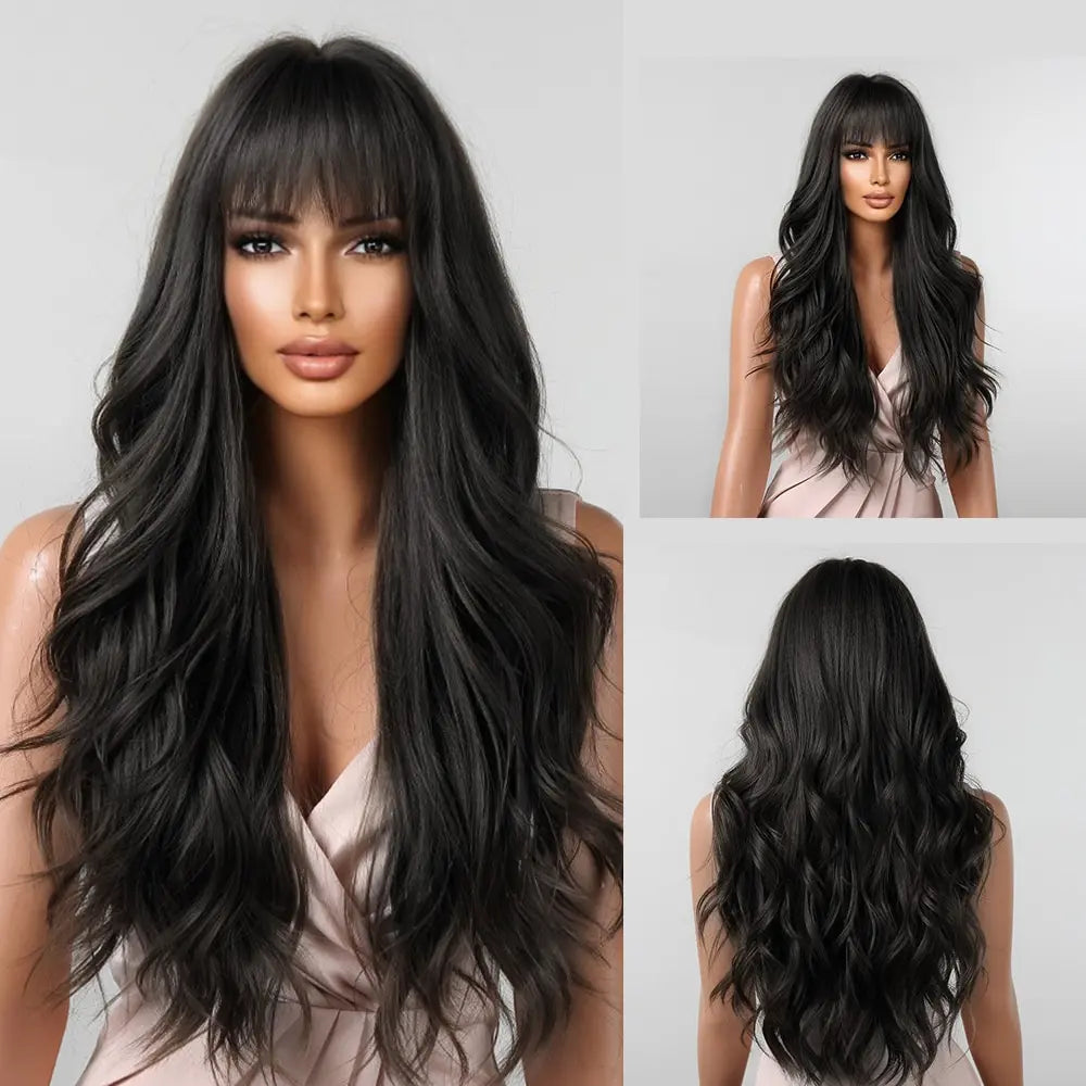 Brown Wavy Wig with Bangs for Women Heat-Resistant Synthetic Hair Cosplay
