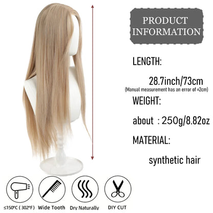 Synthetic Linen Long Straight Hair Wig with Bangs & Curly Ponytail Extensions