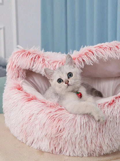 Plush Hooded Pet Bed – 2-in-1 Fluffy Sleeping Nest for Cats & Small Dogs