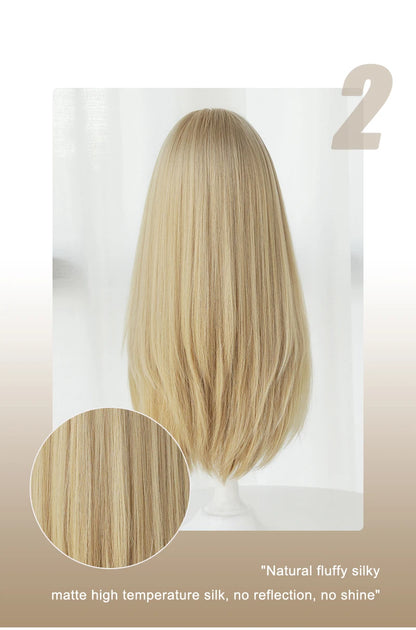 Straight Layered Blonde Wig with Neat Bangs - High Density Synthetic Hair for Women