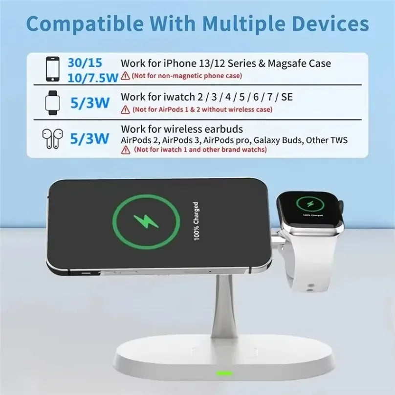 3-in-1 30W Magnetic Wireless Charger Stand - Fast Charging Station for MagSafe iPhone 12-16, AirPods Pro, and Apple Watch 8/7