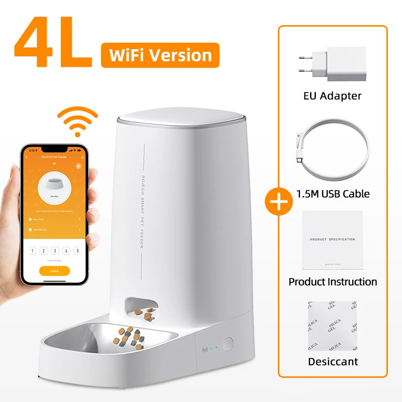 ROJECO Smart WiFi Automatic Cat Feeder – Remote Control Dry Food Dispenser for Cats & Dogs