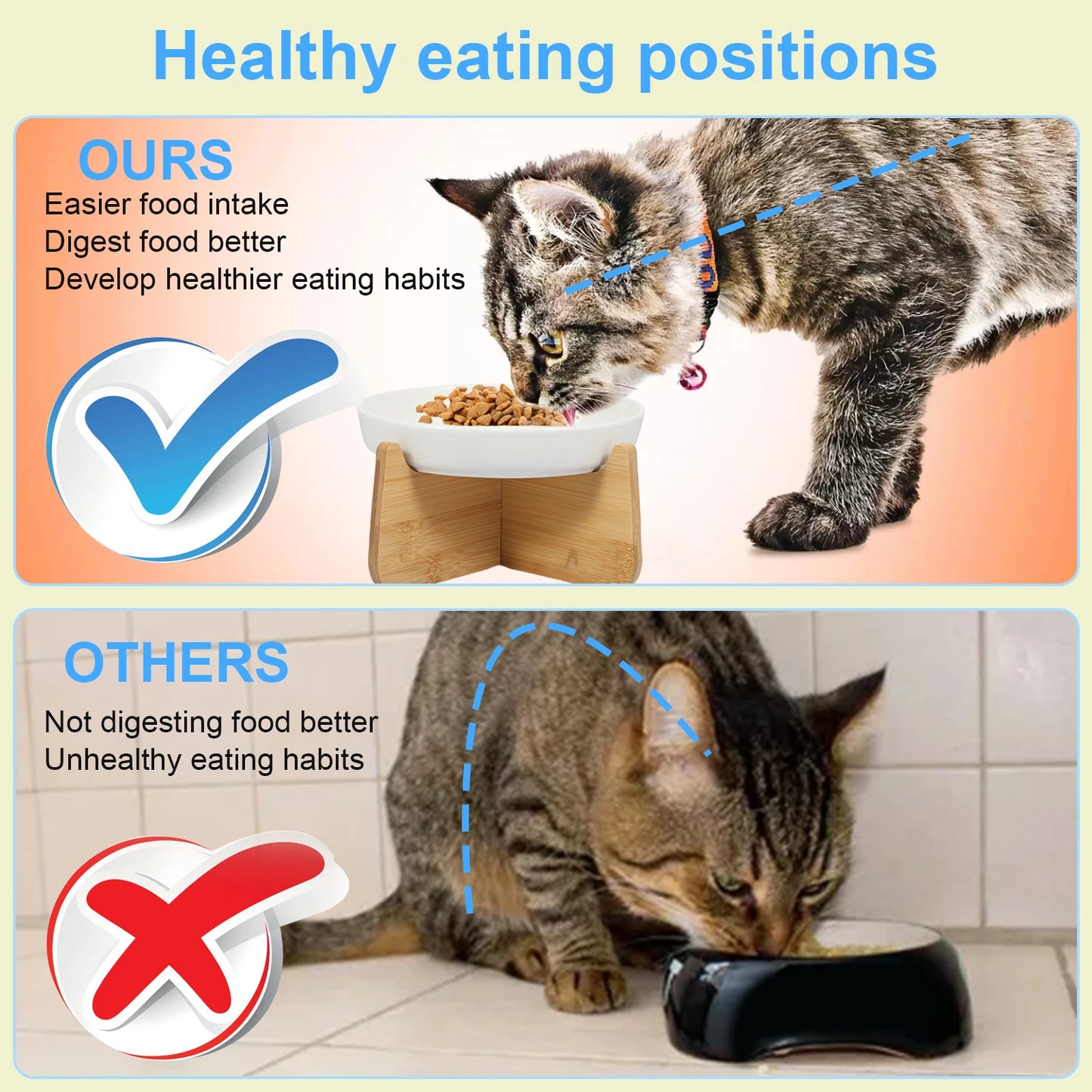 Raised Ceramic Cat Bowl with Wood Stand - Anti-Vomiting Slow Feeder