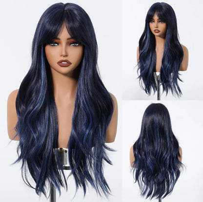Brown Wavy Wig with Bangs for Women Heat-Resistant Synthetic Hair Cosplay