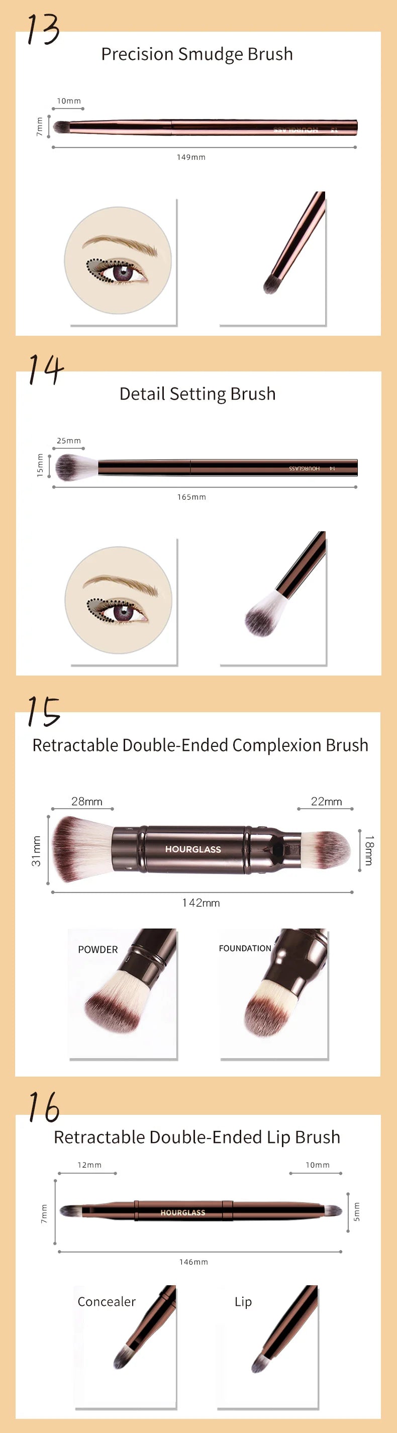 Hourglass Makeup Brush Set – Powder, Foundation, Concealer, Lip, Blusher, Bronzer & Eyeshadow Brushes