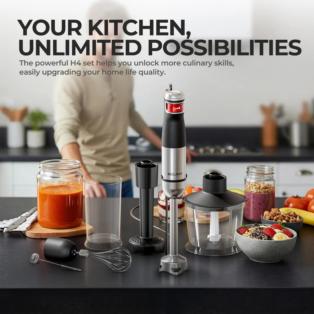 6-in-1 Electric Handheld Stick Blender - Stainless Steel Blades, 1500W for Home & Kitchen