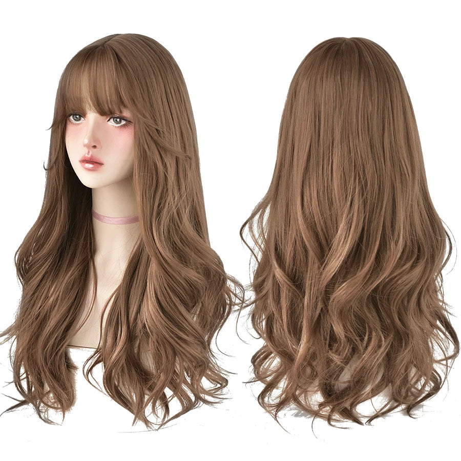 7JHH Popular Brown Ash Long Deep Wave Wig with Bangs for Women