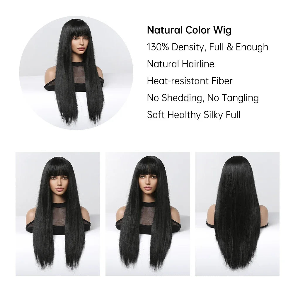 Long Silky Straight Black Synthetic Wig with Bangs for Cosplay & Party