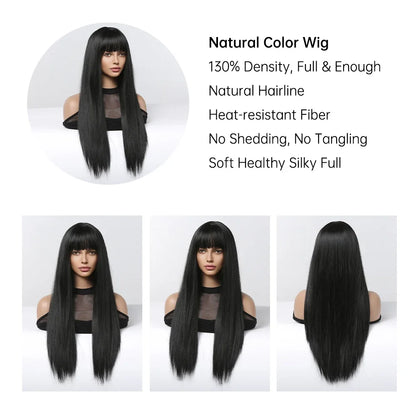 Long Silky Straight Black Synthetic Wig with Bangs for Cosplay & Party