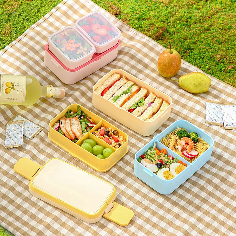 2-Layer Bento Box with Handle, Large Capacity Leak-Proof Lunch Box for Kids, Microwave Safe