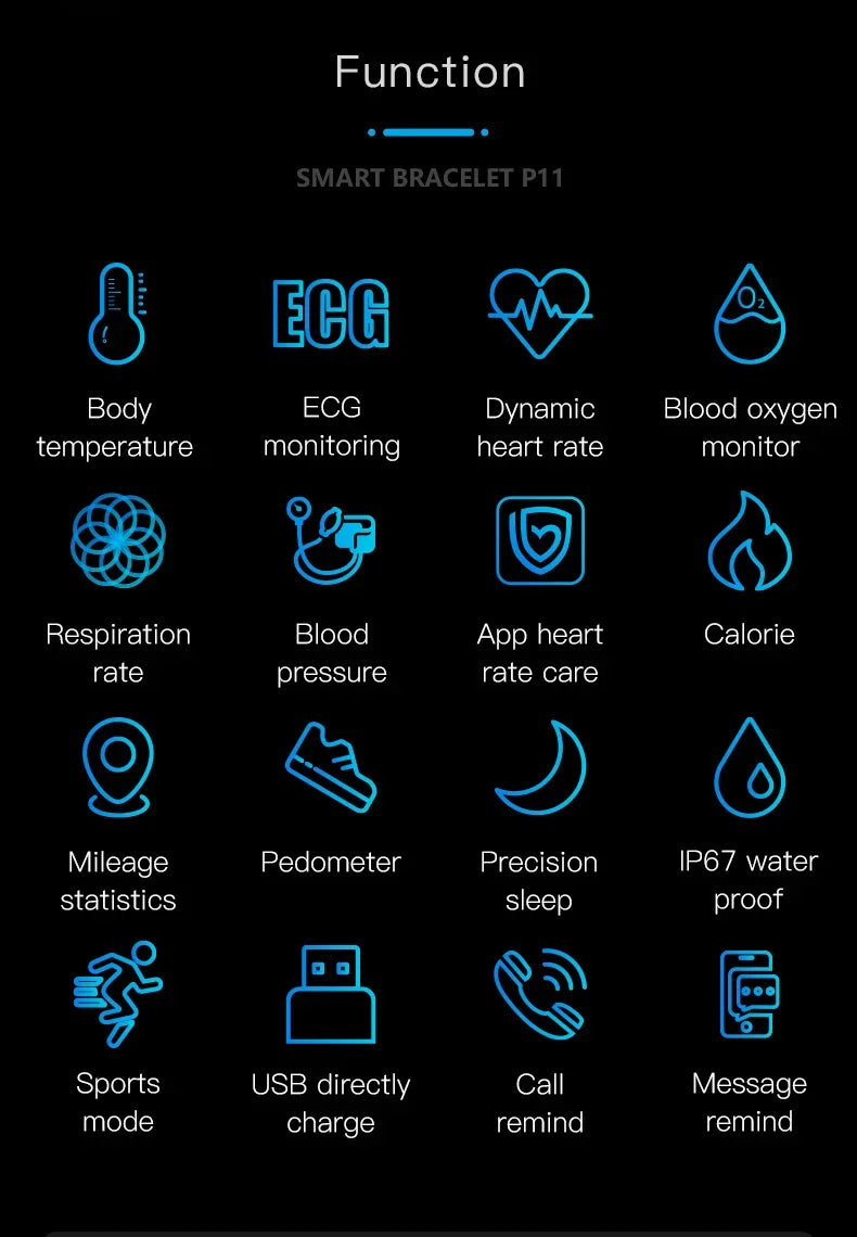 P11 Plus Smart Bracelet, EKG Smartwatch, Waterproof Activity Tracker, Heart Rate Monitor, Fitness Band for Men