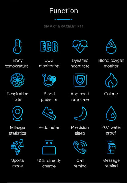 P11 Plus Smart Bracelet, EKG Smartwatch, Waterproof Activity Tracker, Heart Rate Monitor, Fitness Band for Men