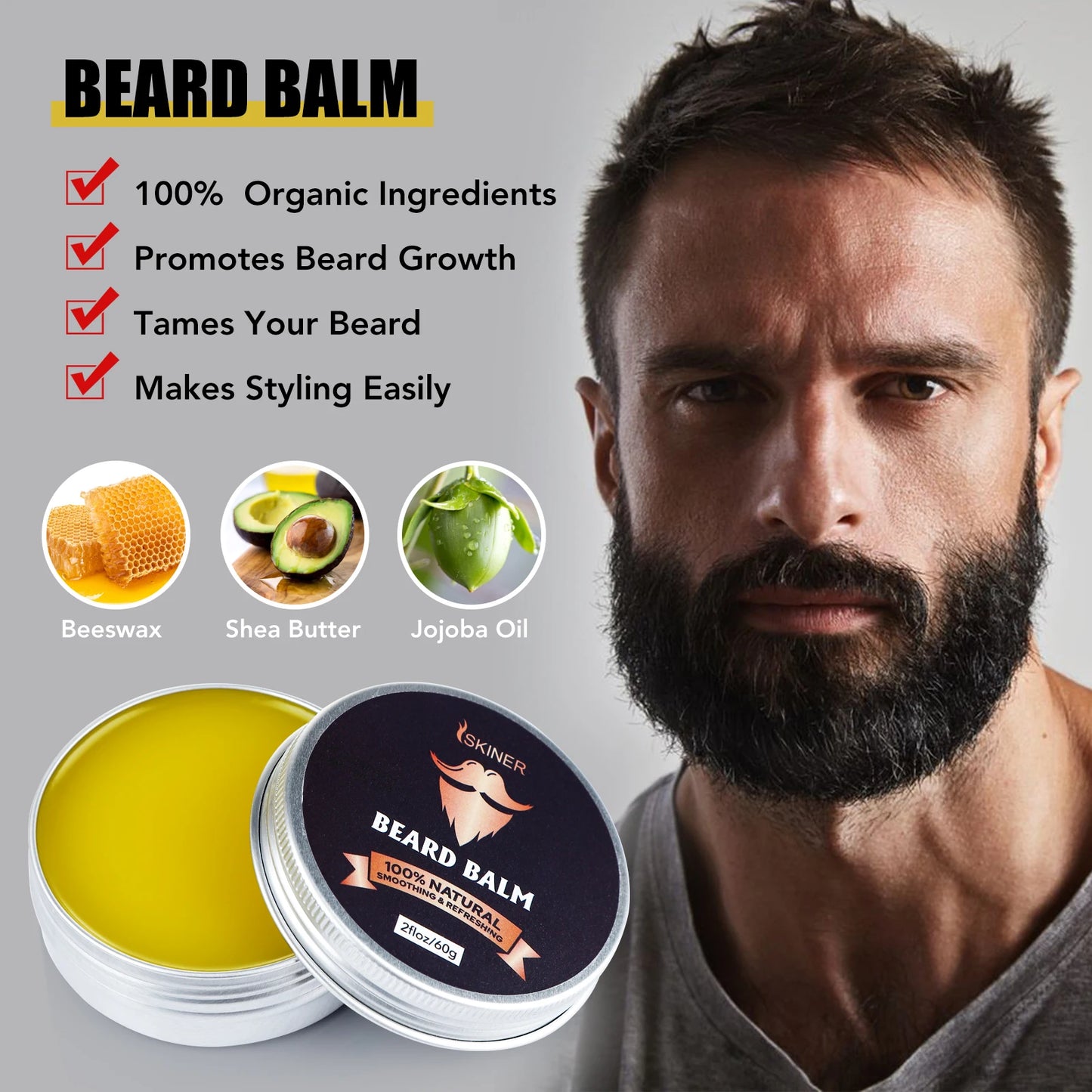 Beard Growth Kit for Men - Essential Oil, Moisturizing Wax, Growth Roller, Comb, and Styling Scissors for Beard Care