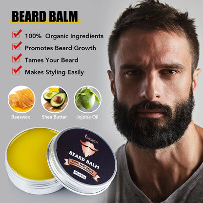 Beard Growth Kit for Men - Essential Oil, Moisturizing Wax, Growth Roller, Comb, and Styling Scissors for Beard Care