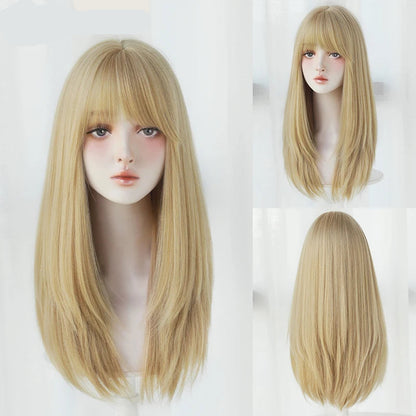 Straight Layered Blonde Wig with Neat Bangs - High Density Synthetic Hair for Women