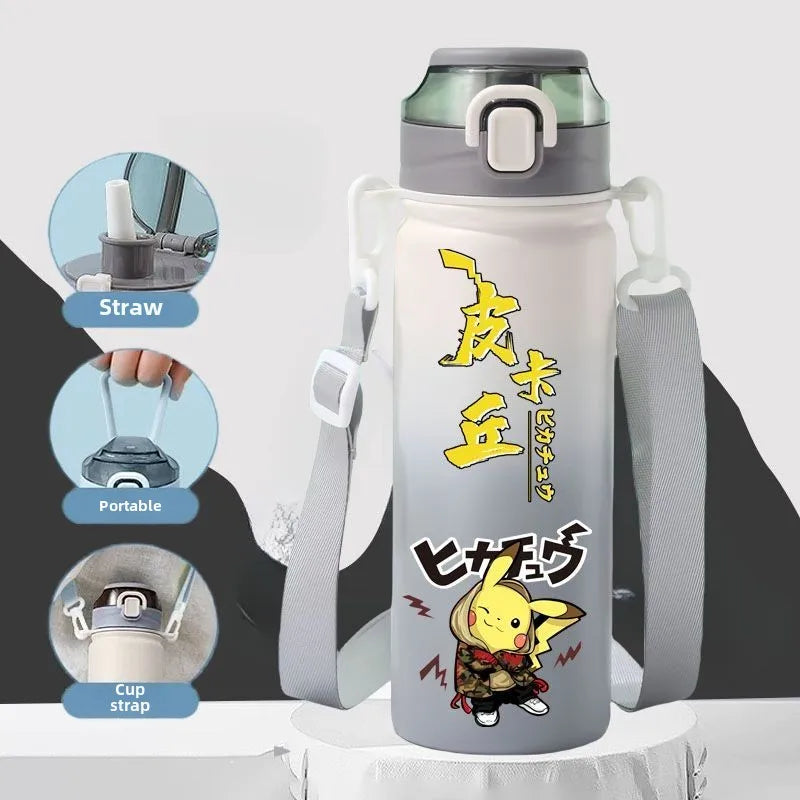 620ML Pikachu Stainless Steel Thermos Bottle – Anime Vacuum Flask with Rope and Large Capacity