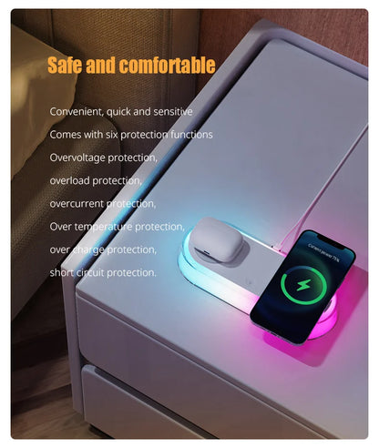 Wireless Charger Alarm Clock - 15W Fast Charging Dock with LED Light, Thermometer & Earphone Stand for iPhone & Samsung
