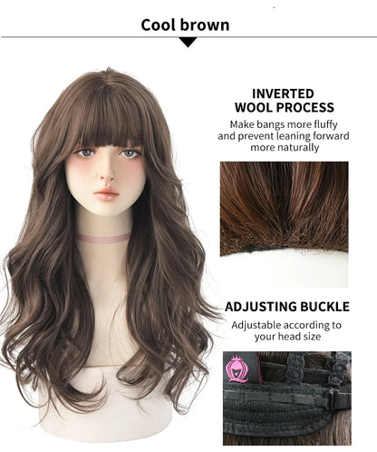 7JHH Popular Brown Ash Long Deep Wave Wig with Bangs for Women