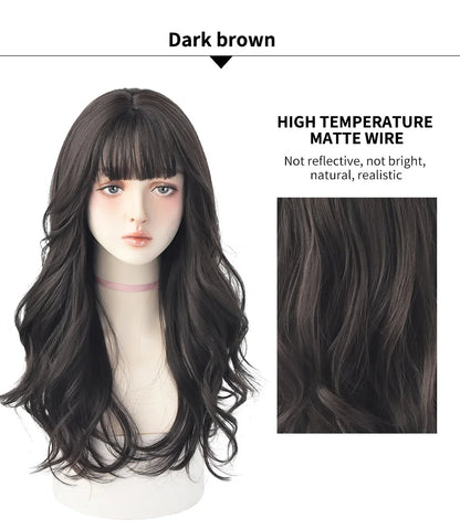 7JHH Popular Brown Ash Long Deep Wave Wig with Bangs for Women