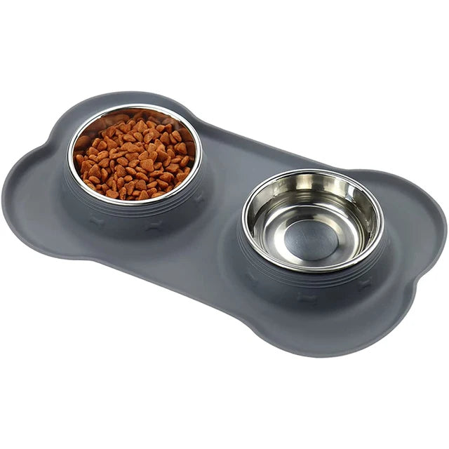Antislip Double Dog Bowl with Silicone Mat – Durable Stainless Steel Water & Food Feeder for Pets