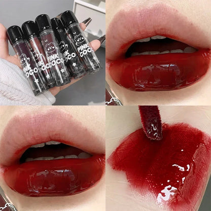Dark Black Mirror Water Lip Gloss - Moisturizing, Long-Lasting Non-Stick Cup Lipstick in Tea Brown & Red