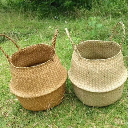 Storage Baskets - Straw Wicker Rattan Hanging Flowerpot, Seagrass Folding Laundry & Garden Plant Basket, Home Decor
