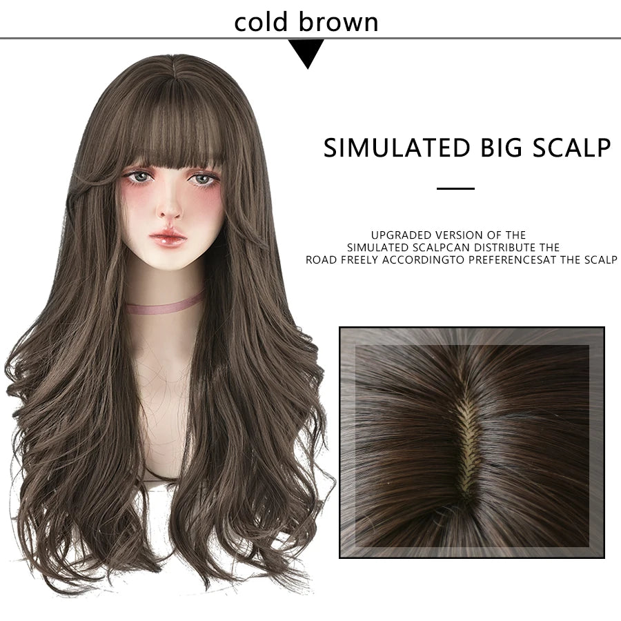 7JHH Popular Brown Ash Long Deep Wave Wig with Bangs for Women