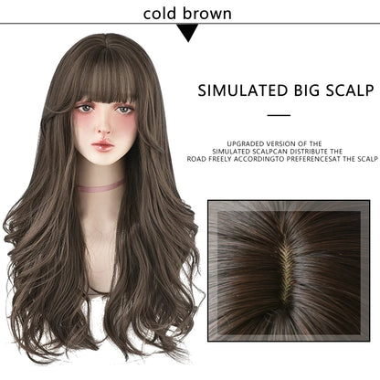 7JHH Popular Brown Ash Long Deep Wave Wig with Bangs for Women