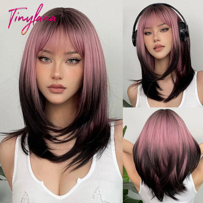 Heat-Resistant Brown Ombre Synthetic Wig with Bangs & Layers for Women