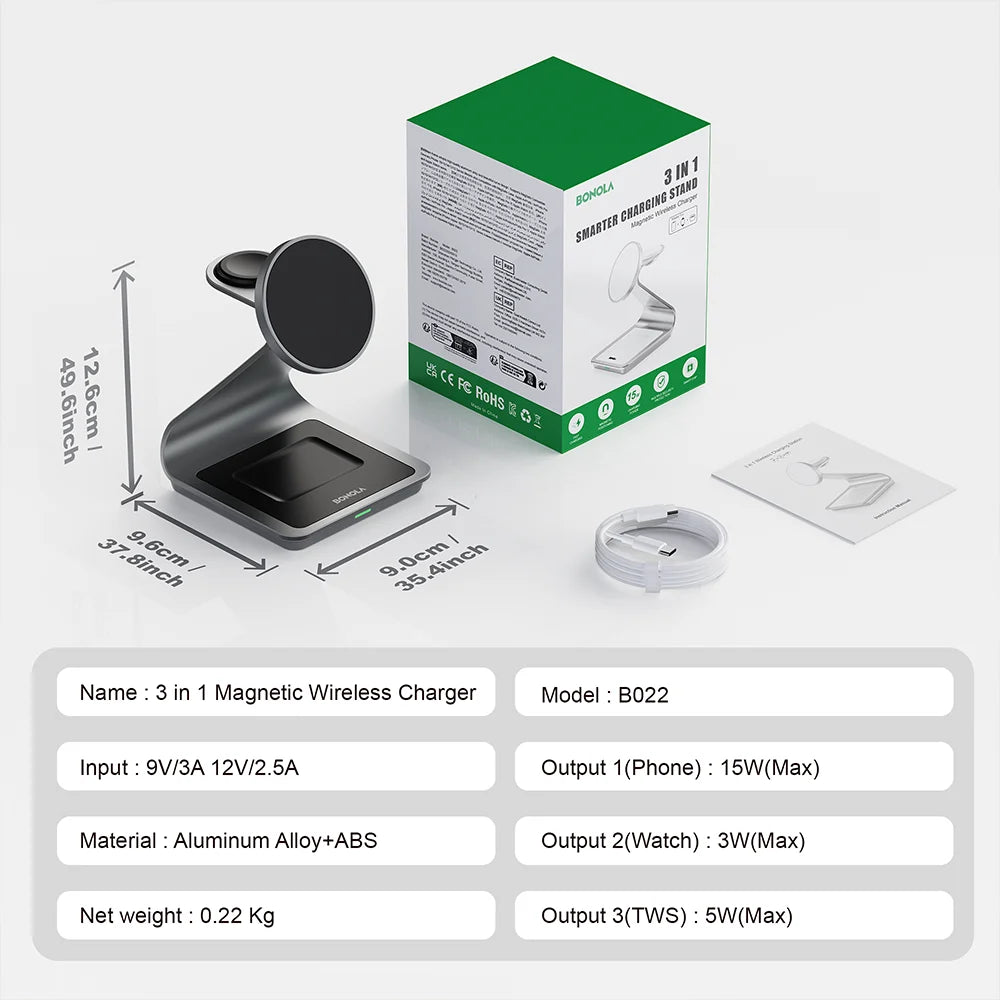 Bonola Magnetic 3-in-1 Wireless Charger Station - 25W Fast Charging Stand for Samsung S24 Ultra/S25, Galaxy Watch 7/6/5 & Earbuds