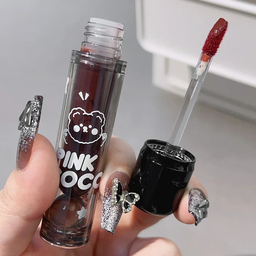 Dark Black Mirror Water Lip Gloss - Moisturizing, Long-Lasting Non-Stick Cup Lipstick in Tea Brown & Red