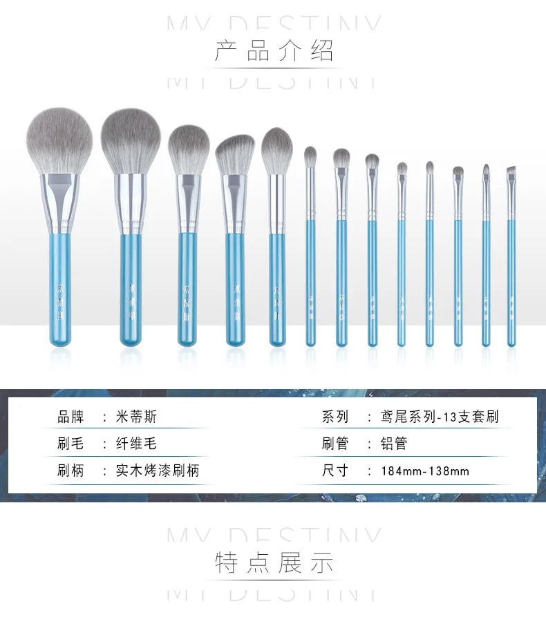 13pcs Blue Makeup Brush Set – Powder, Blusher, Eyeshadow, Eyebrow & Lip Brushes