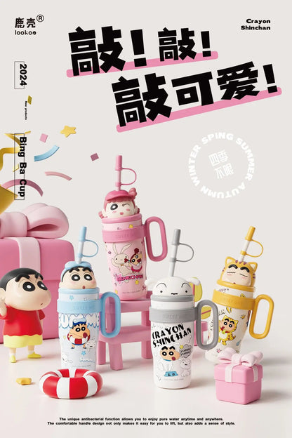 800ML Crayon Shin-Chan Stainless Steel Thermos Cup – Large Capacity with Handle & Straw for Kids