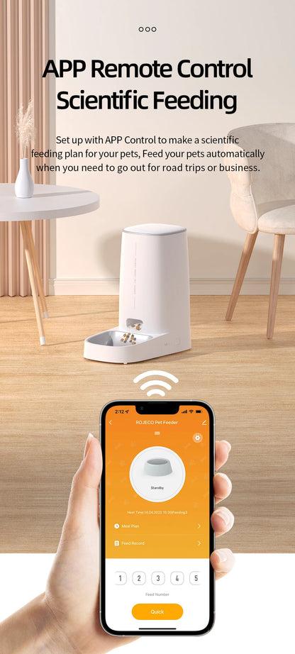 ROJECO Smart WiFi Automatic Cat Feeder – Remote Control Dry Food Dispenser for Cats & Dogs