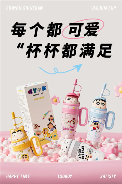 800ML Crayon Shin-Chan Stainless Steel Thermos Cup – Large Capacity with Handle & Straw for Kids