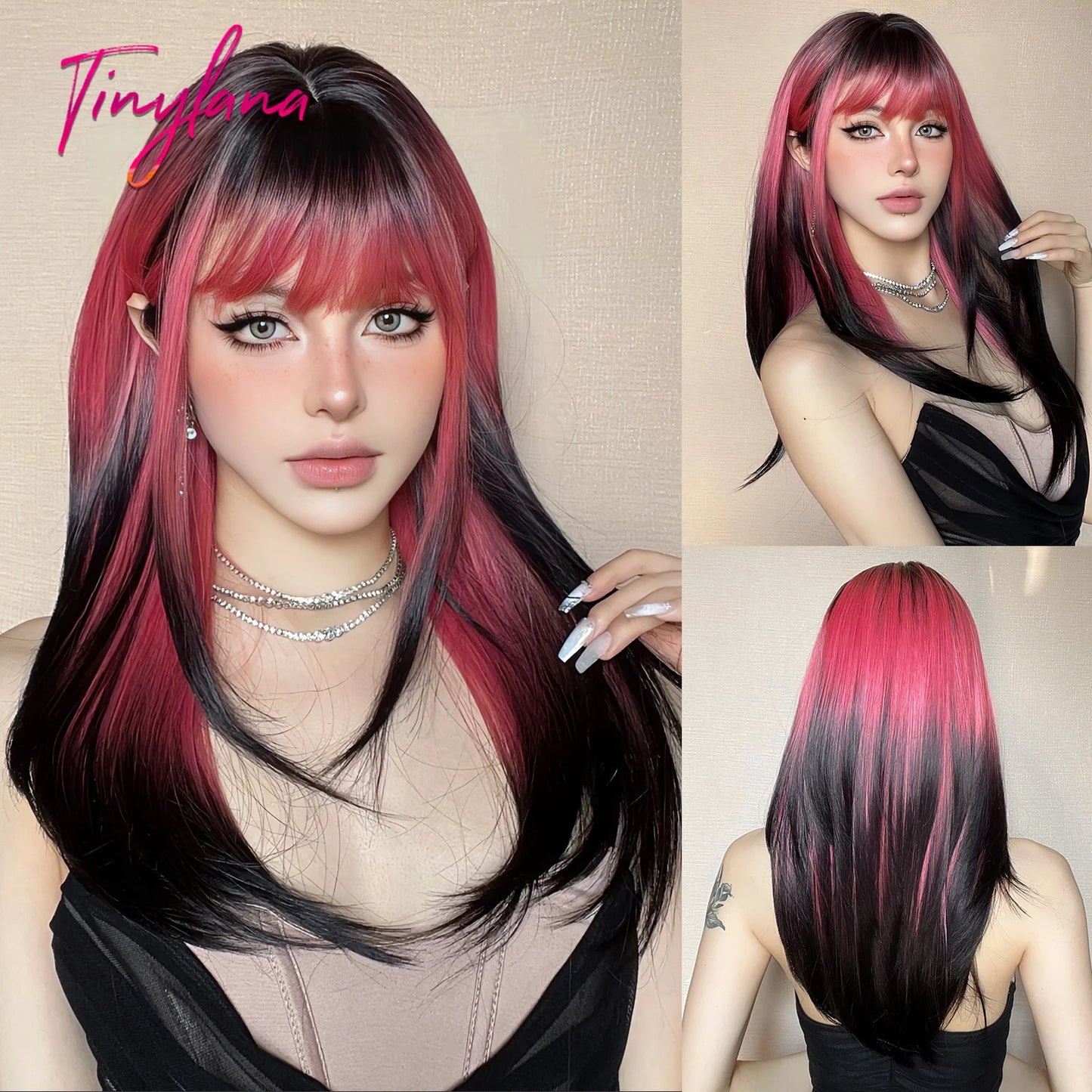Heat-Resistant Brown Ombre Synthetic Wig with Bangs & Layers for Women