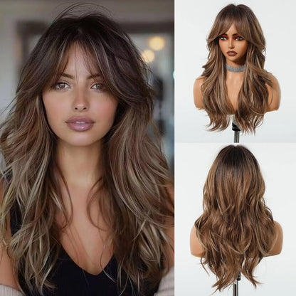 Brown Wavy Wig with Bangs for Women Heat-Resistant Synthetic Hair Cosplay