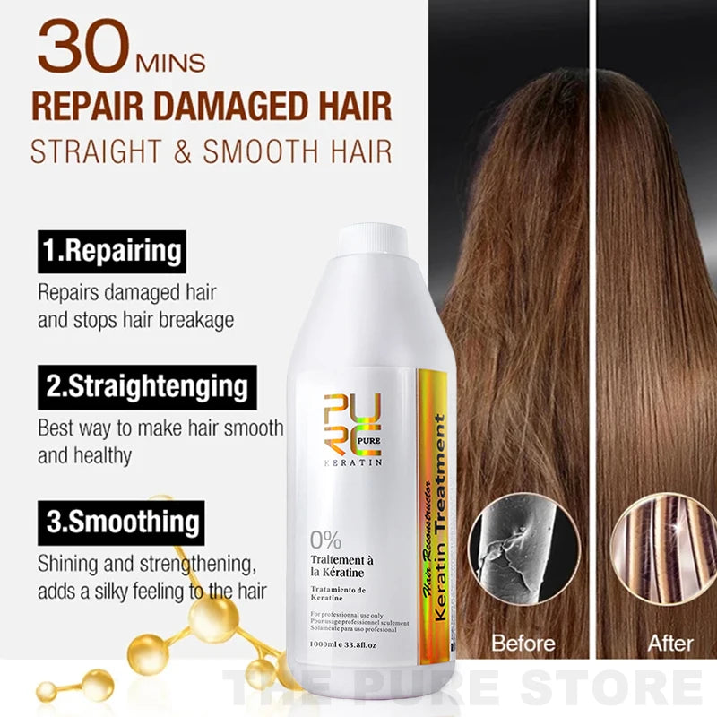 PURC 1000ml Keratin Hair Straightening & Smoothing Treatment for Curly, Frizzy Hair Professional Brazilian Keratin Care