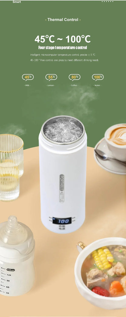 Portable Electric Kettle - Mini Travel Tea & Coffee Boil Water, Keep Warm, Anti-Scald Thermo Bottle