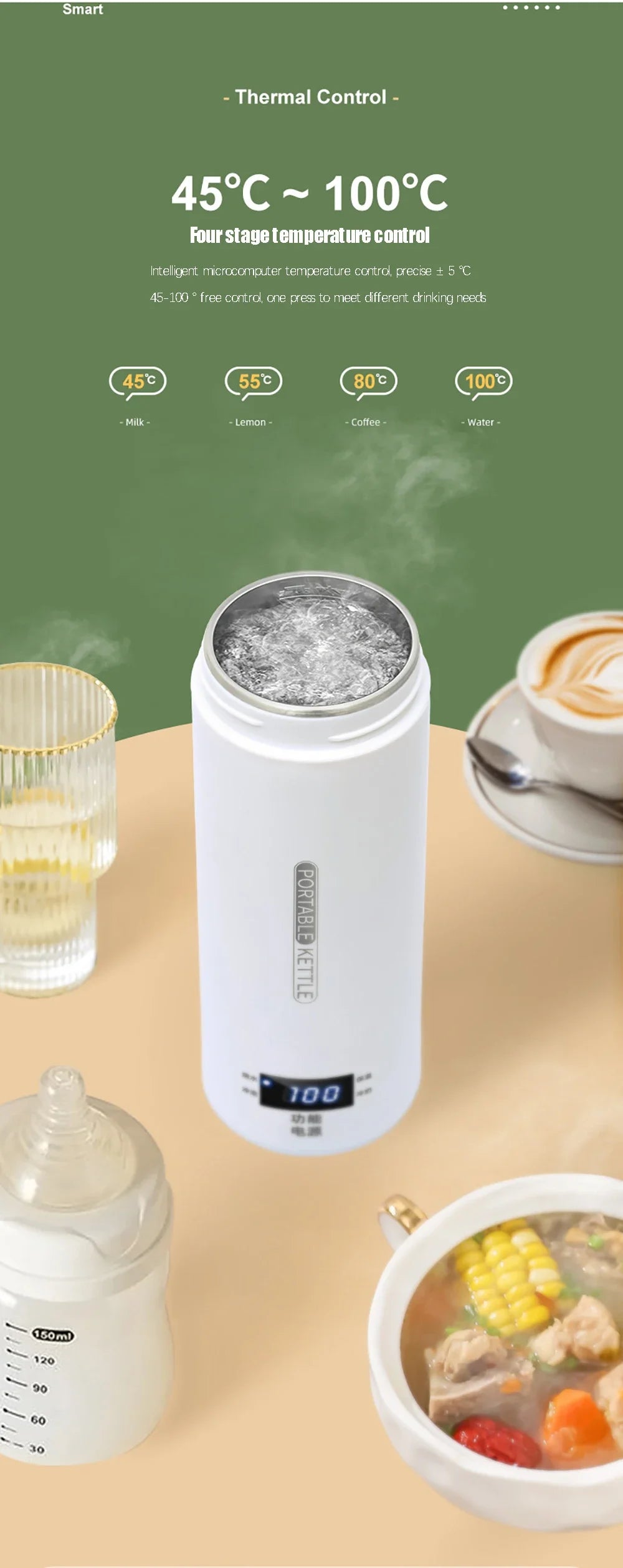 Portable Electric Kettle - Mini Travel Tea & Coffee Boiler, Keep Warm, Anti-Scald Thermo Bottle