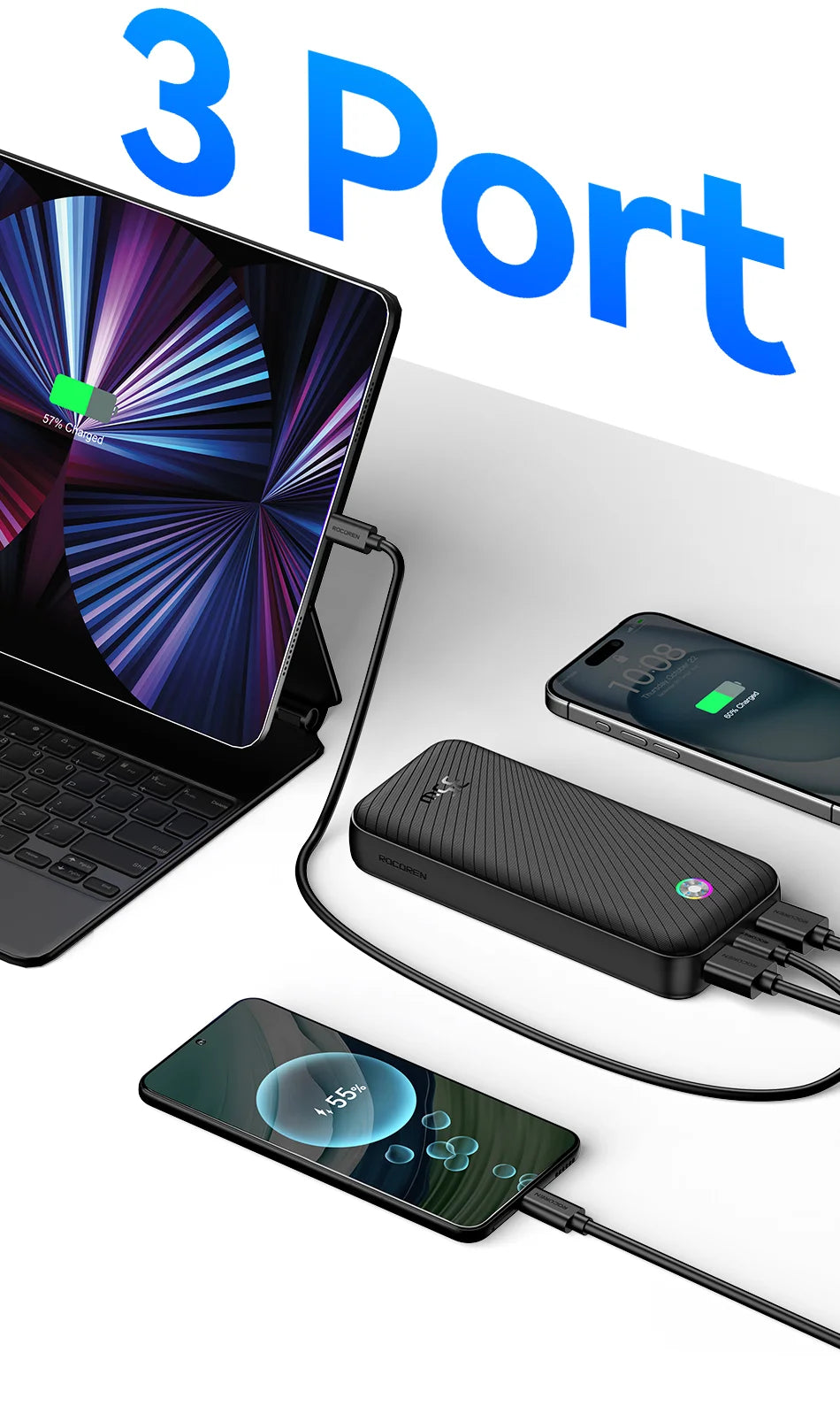 Rocoren 22.5W 20000mAh Power Bank, QC PD 3.0 35W Fast Charge Portable External Battery for iPhone 16, Xiaomi